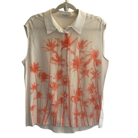 Equipment Pink Palm Tree 100% Silk Sleeveless Blouse Top Shirt Women’s Large - Picture 1 of 4